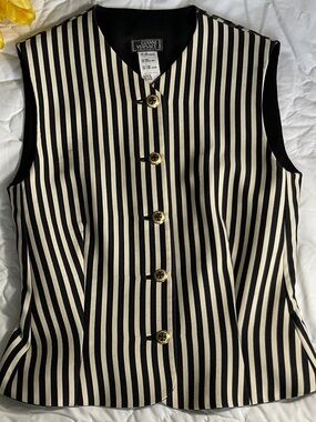 Versace Black and Cream Vertical Stripe Sleeveless Tunic with Gold Buttons